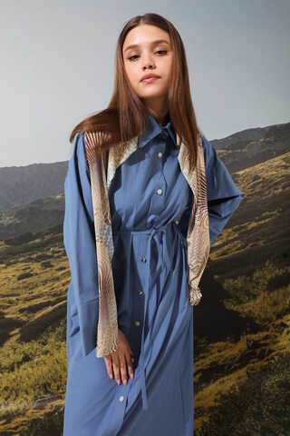 Poplin Gömlek Elbise İndigo - 3