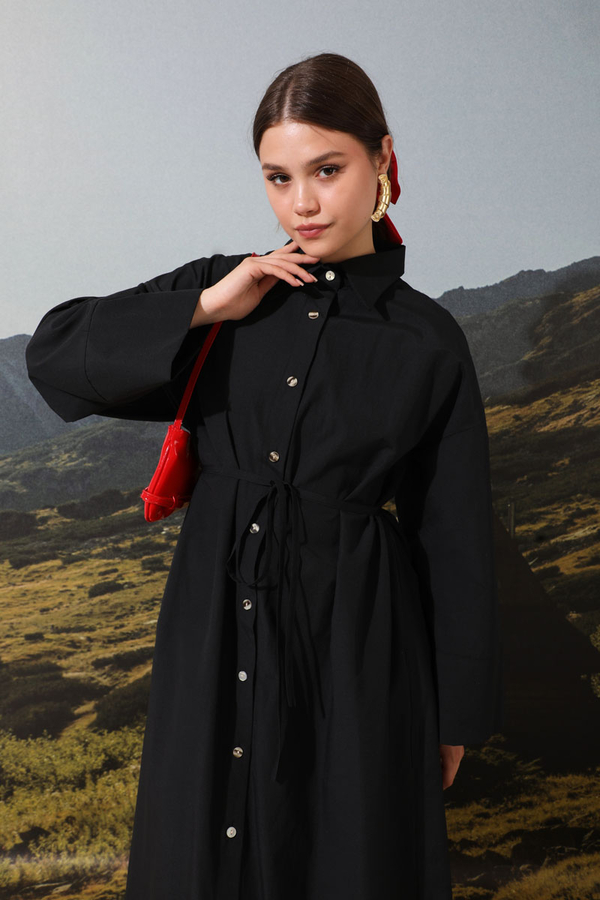 Poplin Gömlek Elbise Siyah - 5