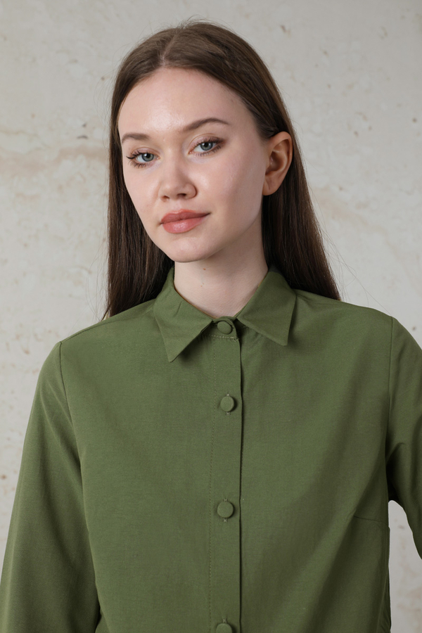 Poplin Kısa Gömlek Haki - 4