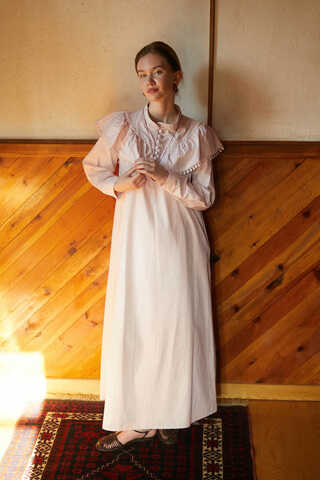 Powder Pink Dress with Ruffled Yoke Detail - 3