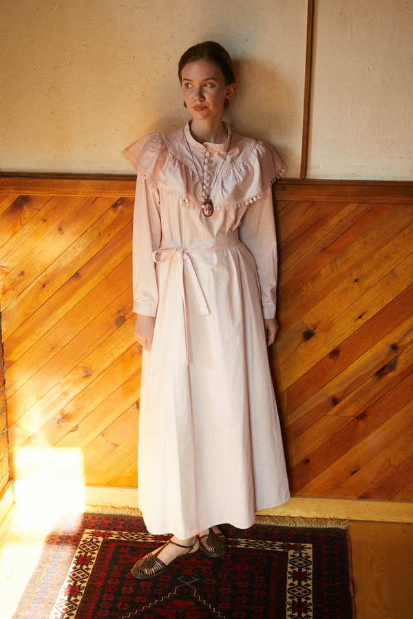 Powder Pink Dress with Ruffled Yoke Detail - 4