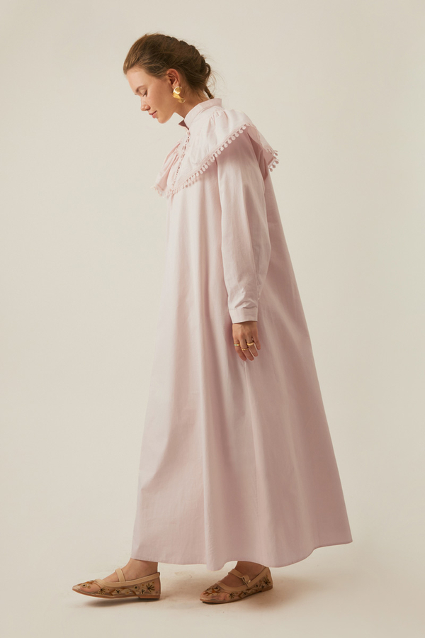 Powder Pink Dress with Ruffled Yoke Detail - 11