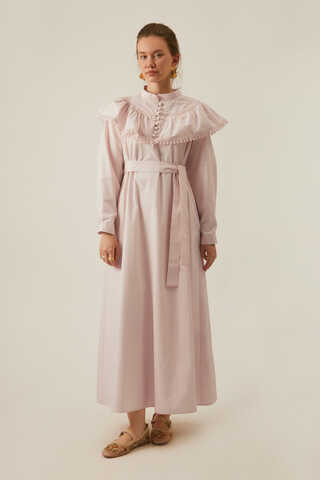 Powder Pink Dress with Ruffled Yoke Detail - 7
