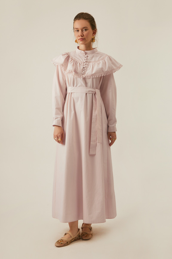 Powder Pink Dress with Ruffled Yoke Detail - 7