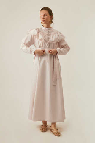 Powder Pink Dress with Ruffled Yoke Detail - 12