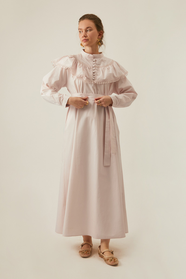 Powder Pink Dress with Ruffled Yoke Detail - 12