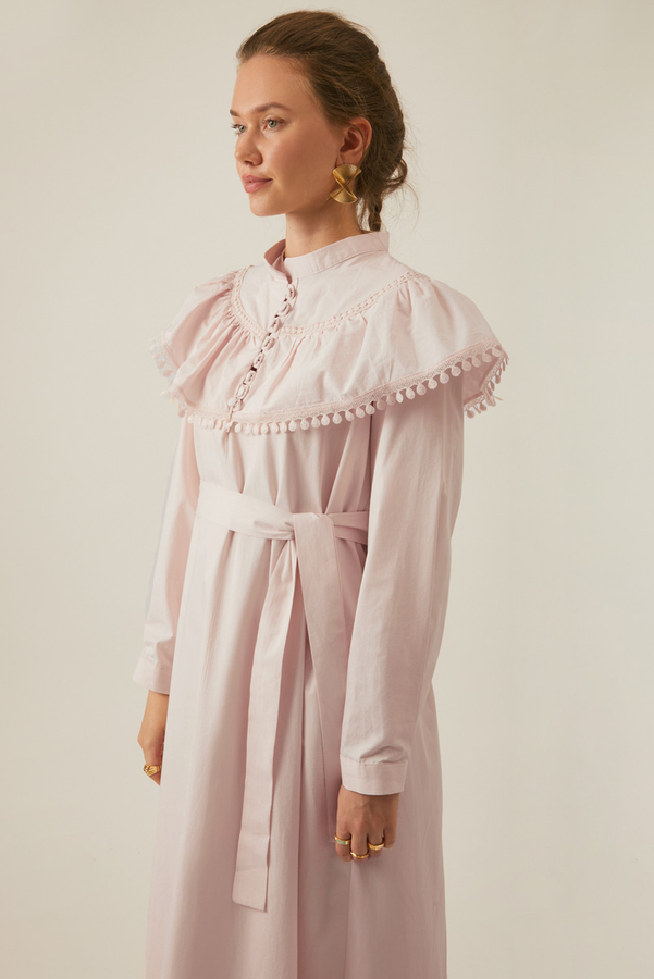 Powder Pink Dress with Ruffled Yoke Detail - 8
