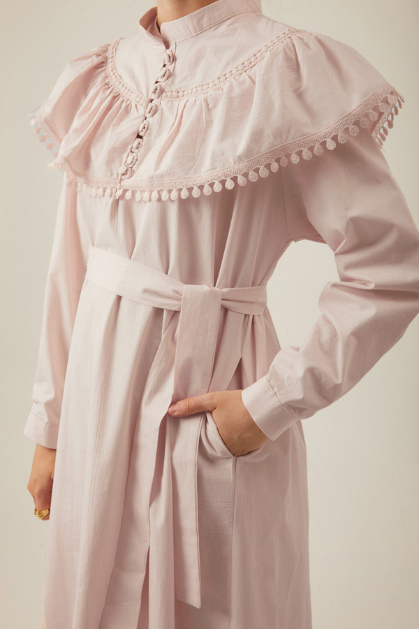 Powder Pink Dress with Ruffled Yoke Detail - 13