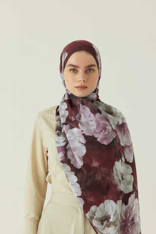Premium Çiçek Desenli Şal Bordo - 2