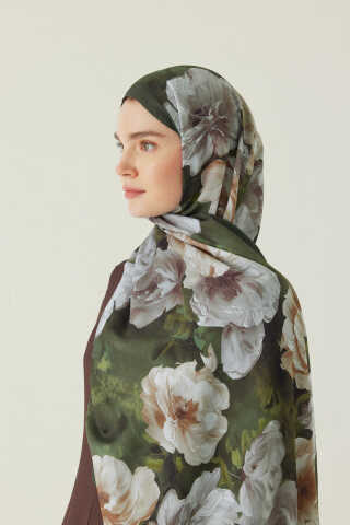 Premium Çiçek Desenli Şal Haki - 3