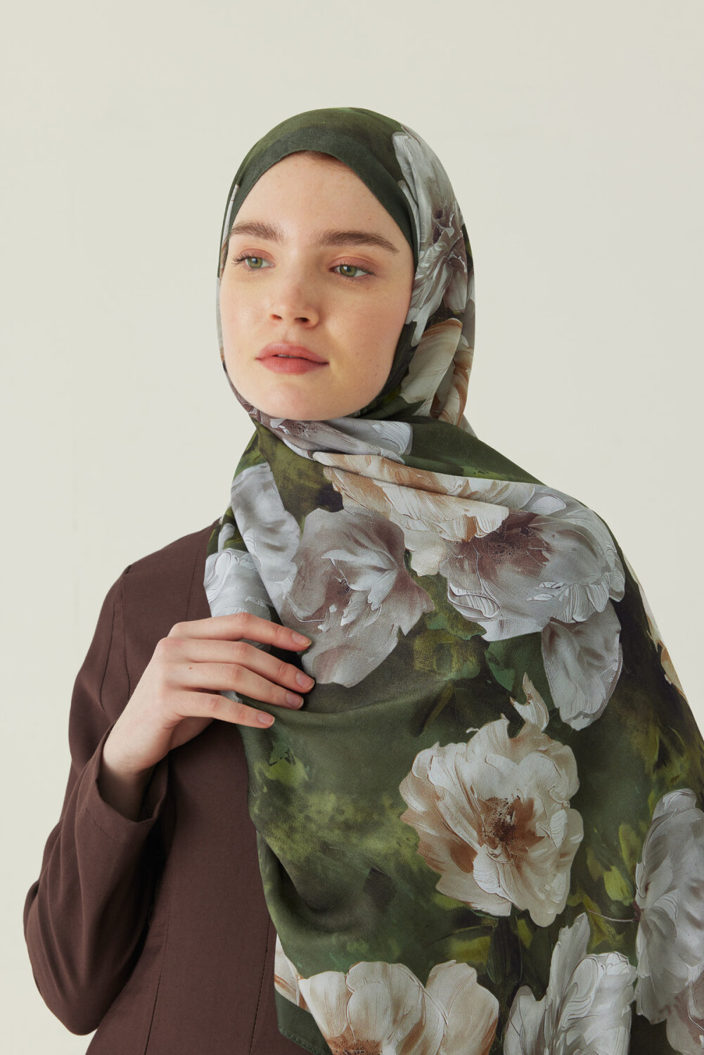 Premium Çiçek Desenli Şal Haki 