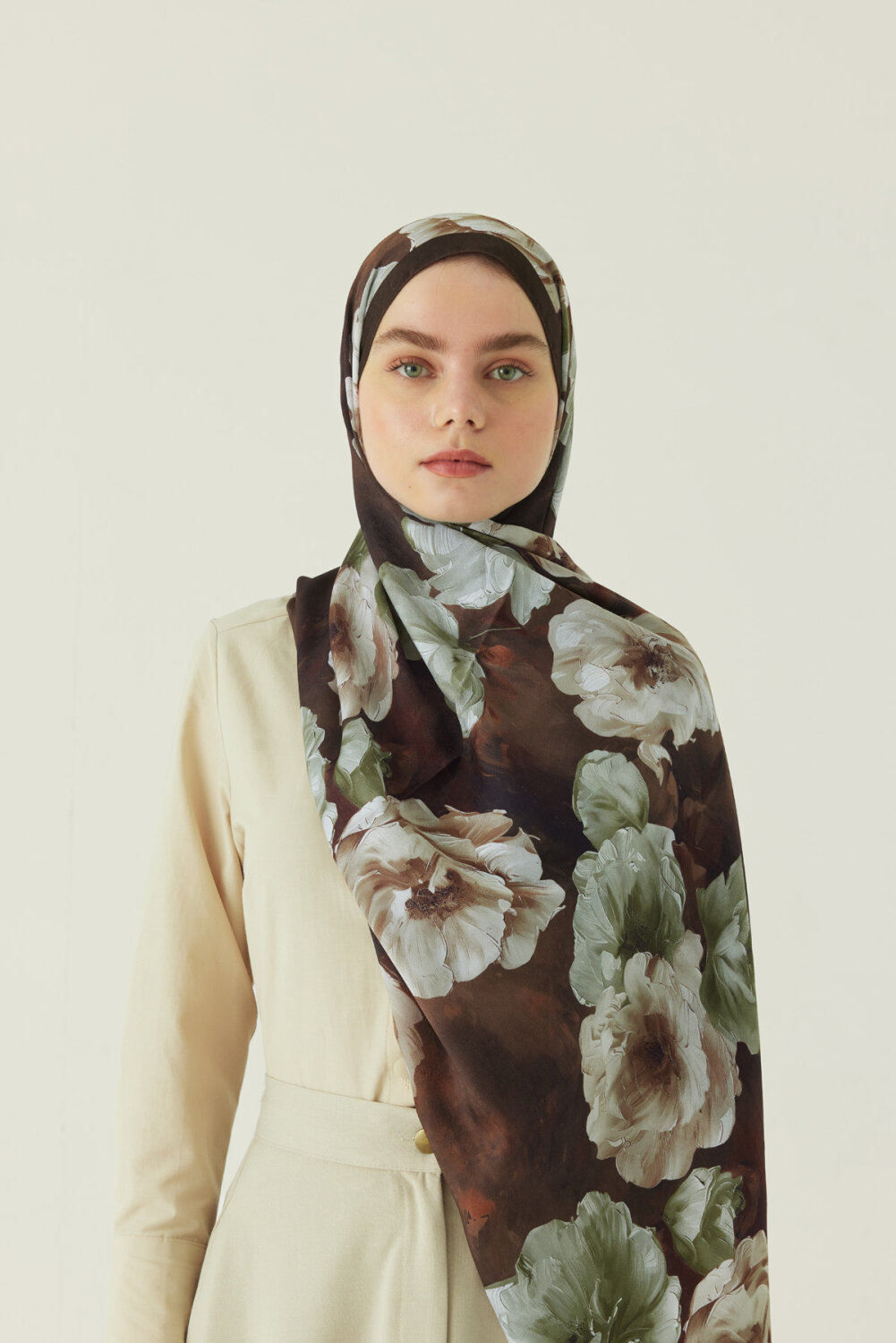 Premium Çiçek Desenli Şal Kahverengi - 2
