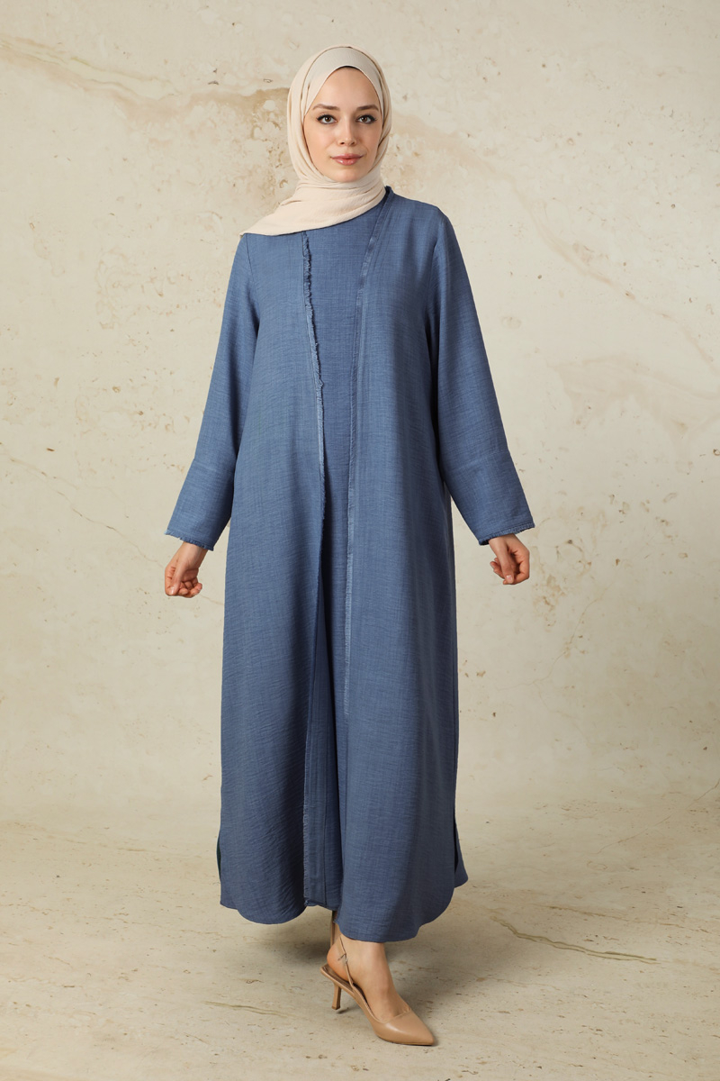 Püsküllü Abaya Takım İndigo