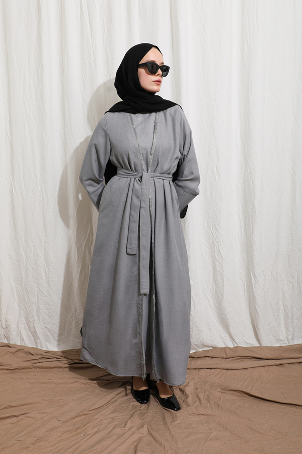Püsküllü Abaya Takım Koyu Gri - 1