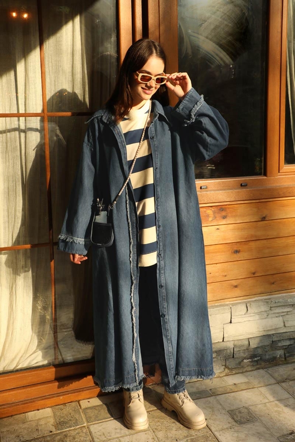 Püsküllü Denim Kap Koyu Mavi - 1