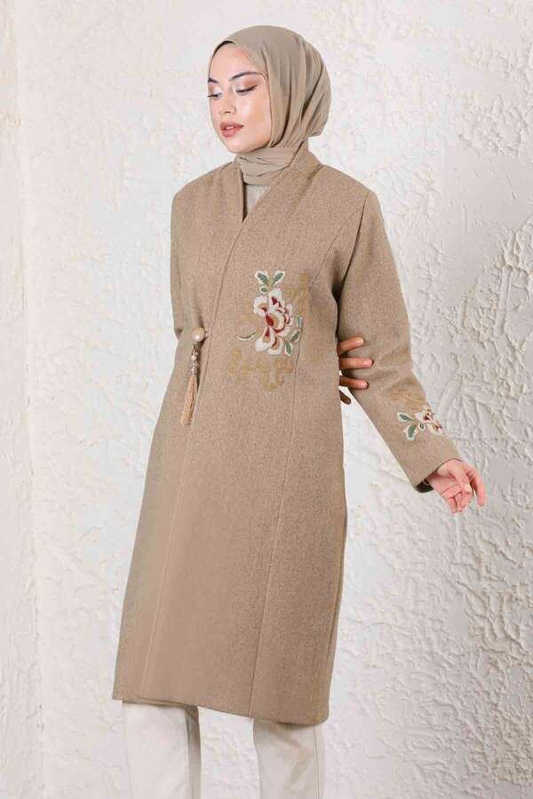 Püsküllü Kaşe Kaban Bej - 1