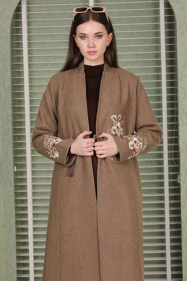 Püsküllü Kaşe Kaban Kahverengi - 5