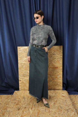 Püsküllü Kot Etek Koyu Mavi - 1