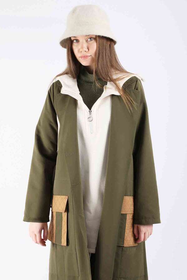 Quilted Pocket Trench Coat Khaki - 2