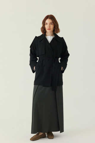 Raglan Sleeve Trench Coat – Black - 1