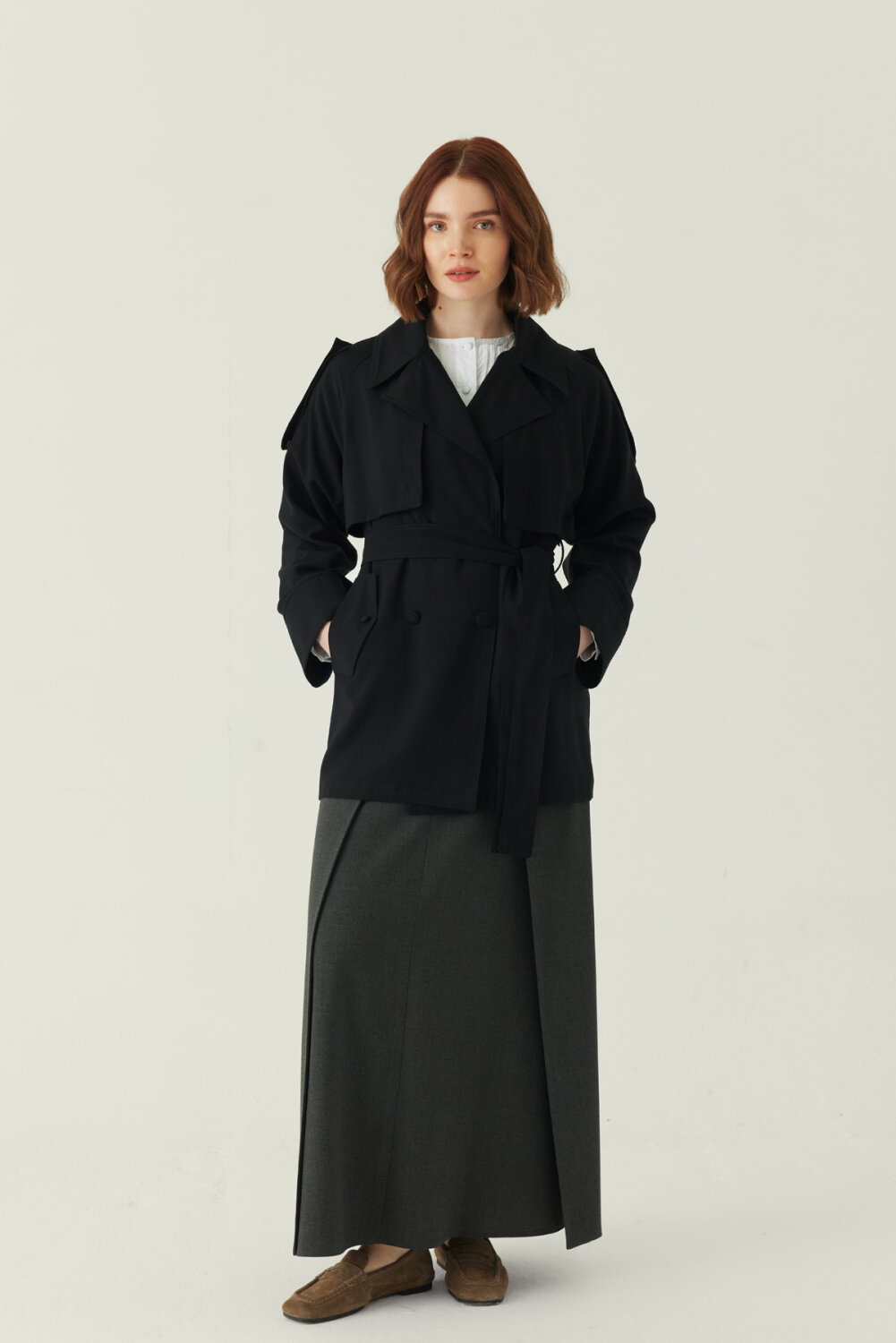 Raglan Sleeve Trench Coat – Black - 1