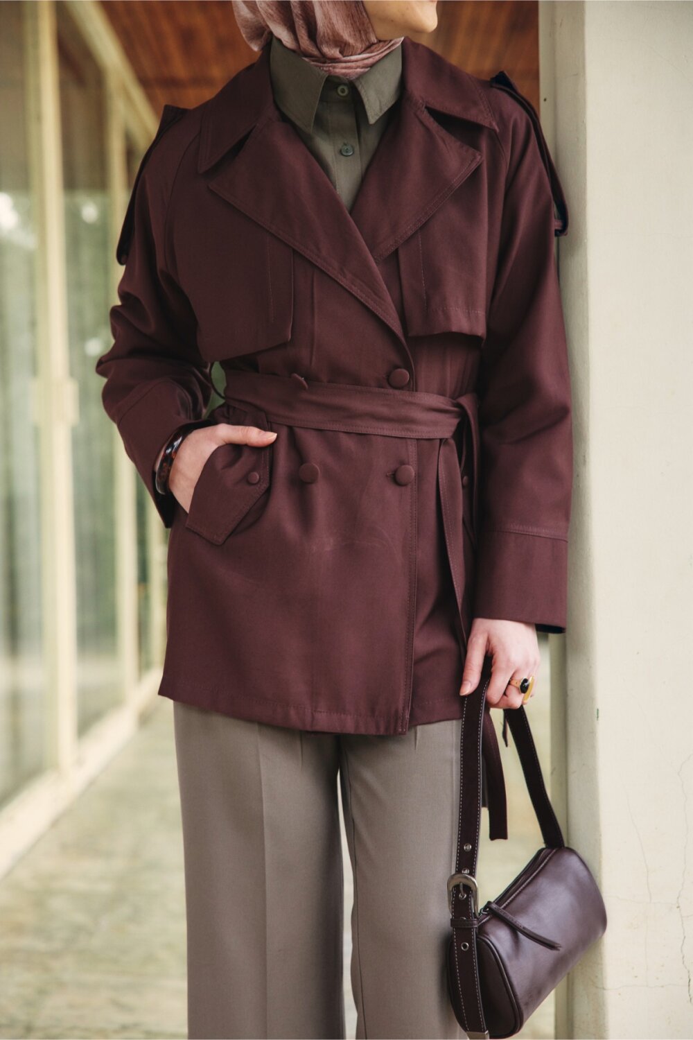 Raglan Sleeve Trench Coat – Brown - 2