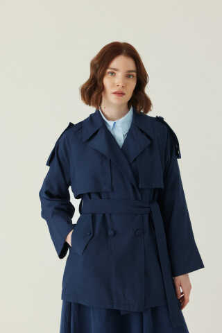 Raglan Sleeve Trench Coat – Navy - 2