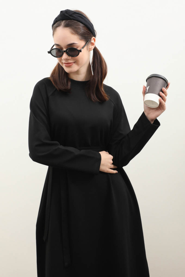 Reglan Kol Basic Elbise Siyah - 1