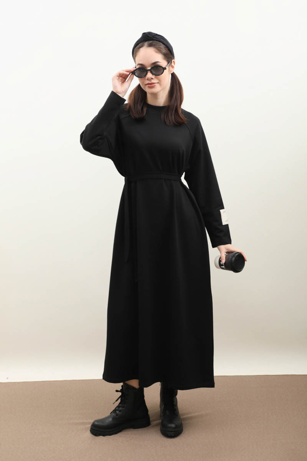 Reglan Kol Basic Elbise Siyah - 6