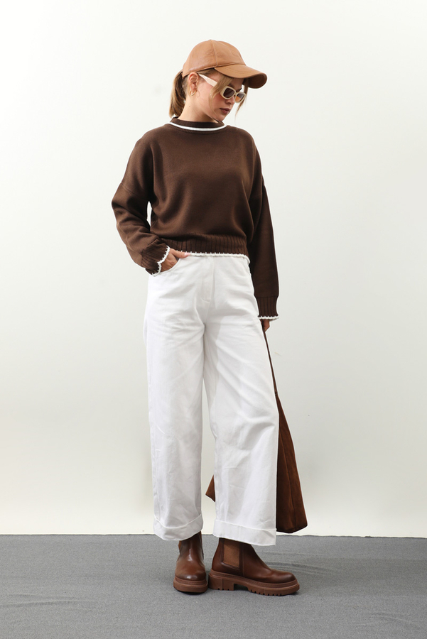 Ribanalı Kısa Kazak Kahverengi - 4