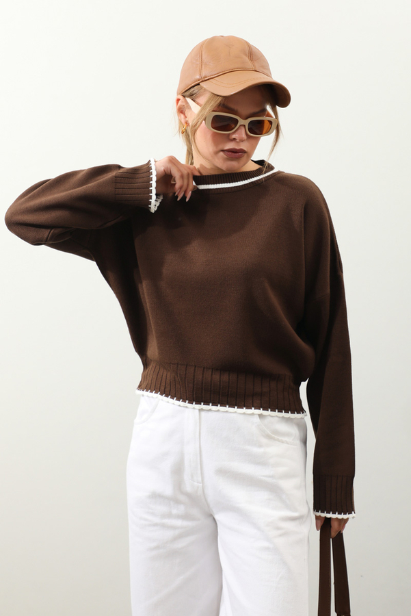 Ribanalı Kısa Kazak Kahverengi - 1