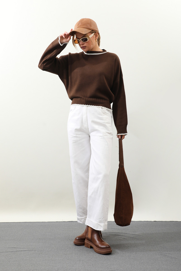 Ribanalı Kısa Kazak Kahverengi - 2