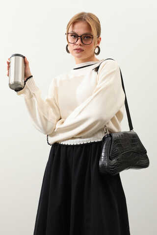 Ribanalı Kısa Kazak Krem - 4