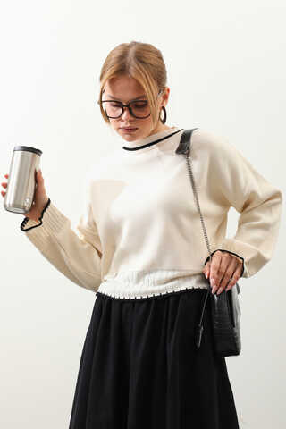 Ribanalı Kısa Kazak Krem - 1