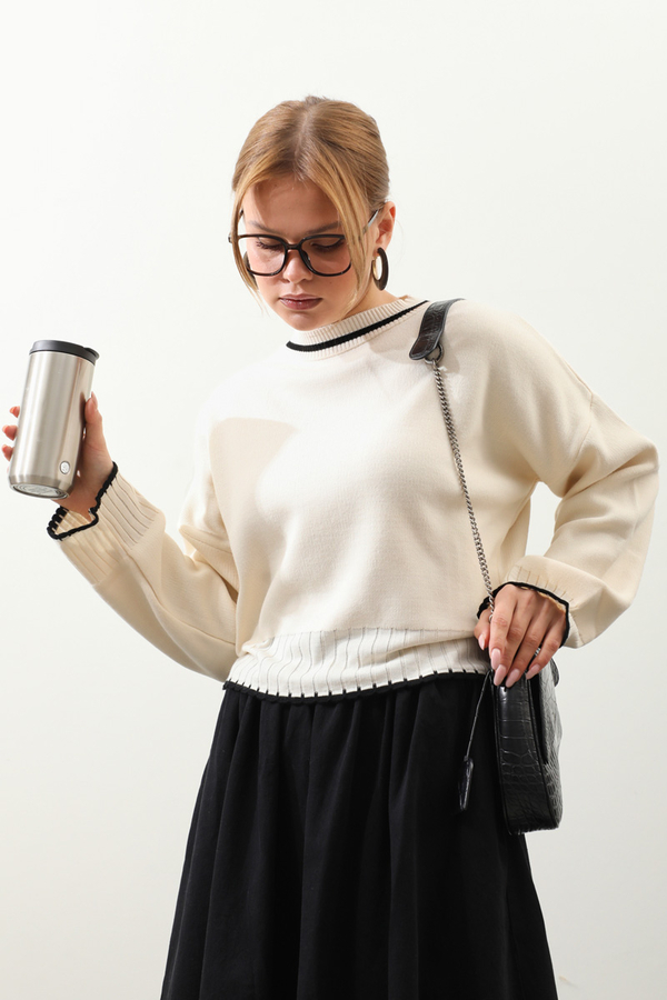 Ribanalı Kısa Kazak Krem - 1