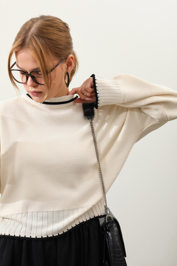 Ribanalı Kısa Kazak Krem - 5