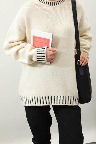 Ribanası İki Renkli Kazak Krem - 5