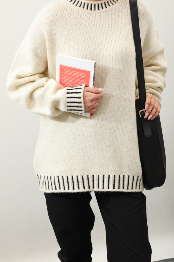 Ribanası İki Renkli Kazak Krem - 5