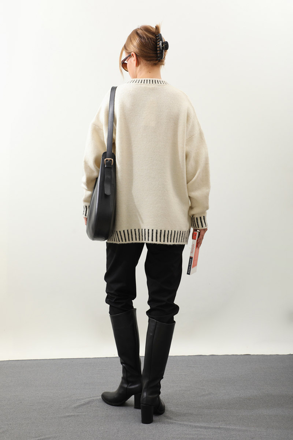 Ribanası İki Renkli Kazak Krem - 7