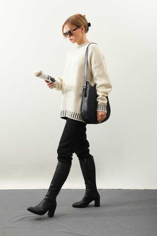 Ribanası İki Renkli Kazak Krem - 3