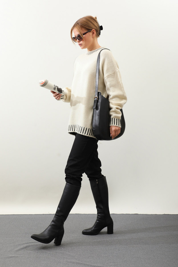 Ribanası İki Renkli Kazak Krem - 3