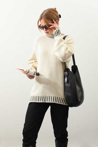 Ribanası İki Renkli Kazak Krem - 1