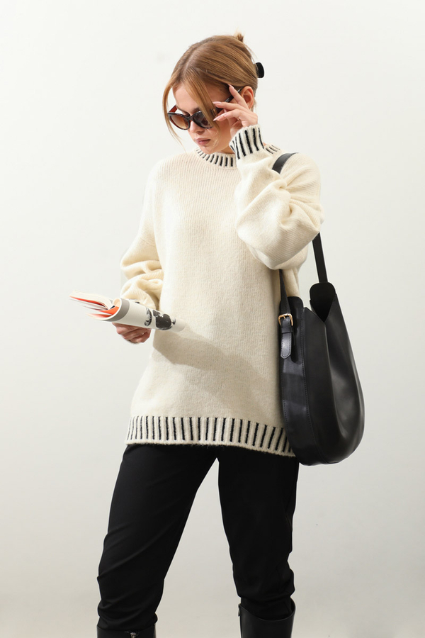 Ribanası İki Renkli Kazak Krem - 1