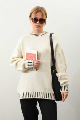 Ribanası İki Renkli Kazak Krem - 4