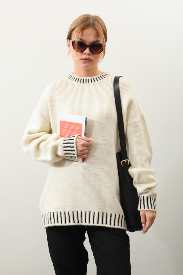 Ribanası İki Renkli Kazak Krem - 4