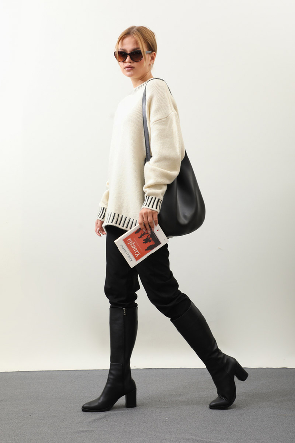 Ribanası İki Renkli Kazak Krem - 6