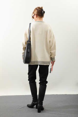 Ribanası İki Renkli Kazak Krem - 7