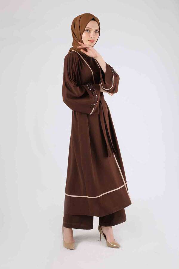 Ribbed Abaya Set Brown - 3