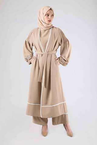 Ribbed Abaya Suit Cream - 3