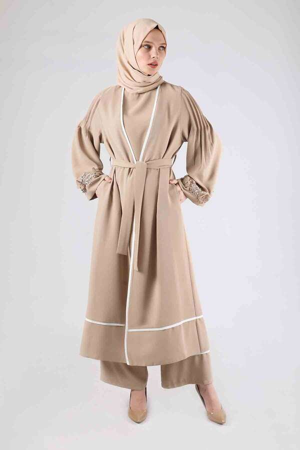 Ribbed Abaya Suit Cream - 3